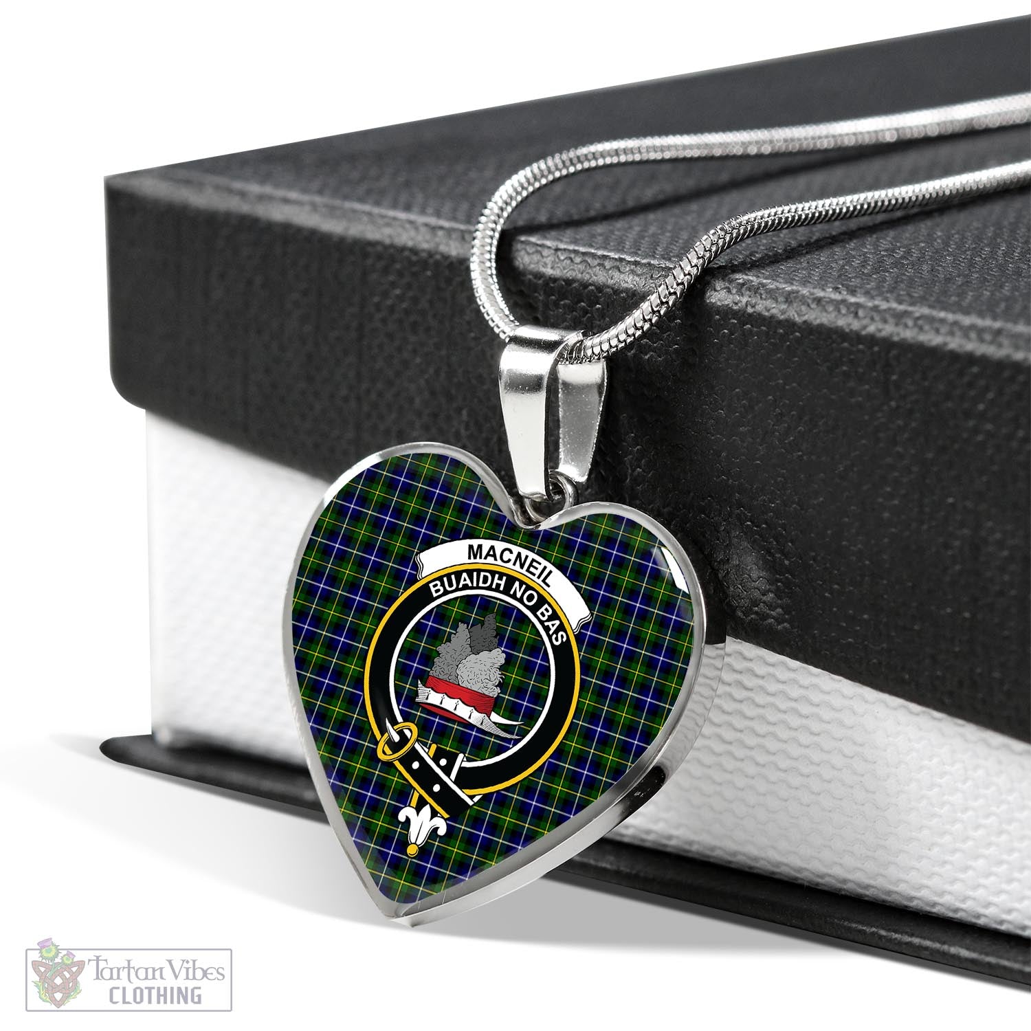 Tartan Vibes Clothing MacNeil of Barra Modern Tartan Heart Necklace with Family Crest
