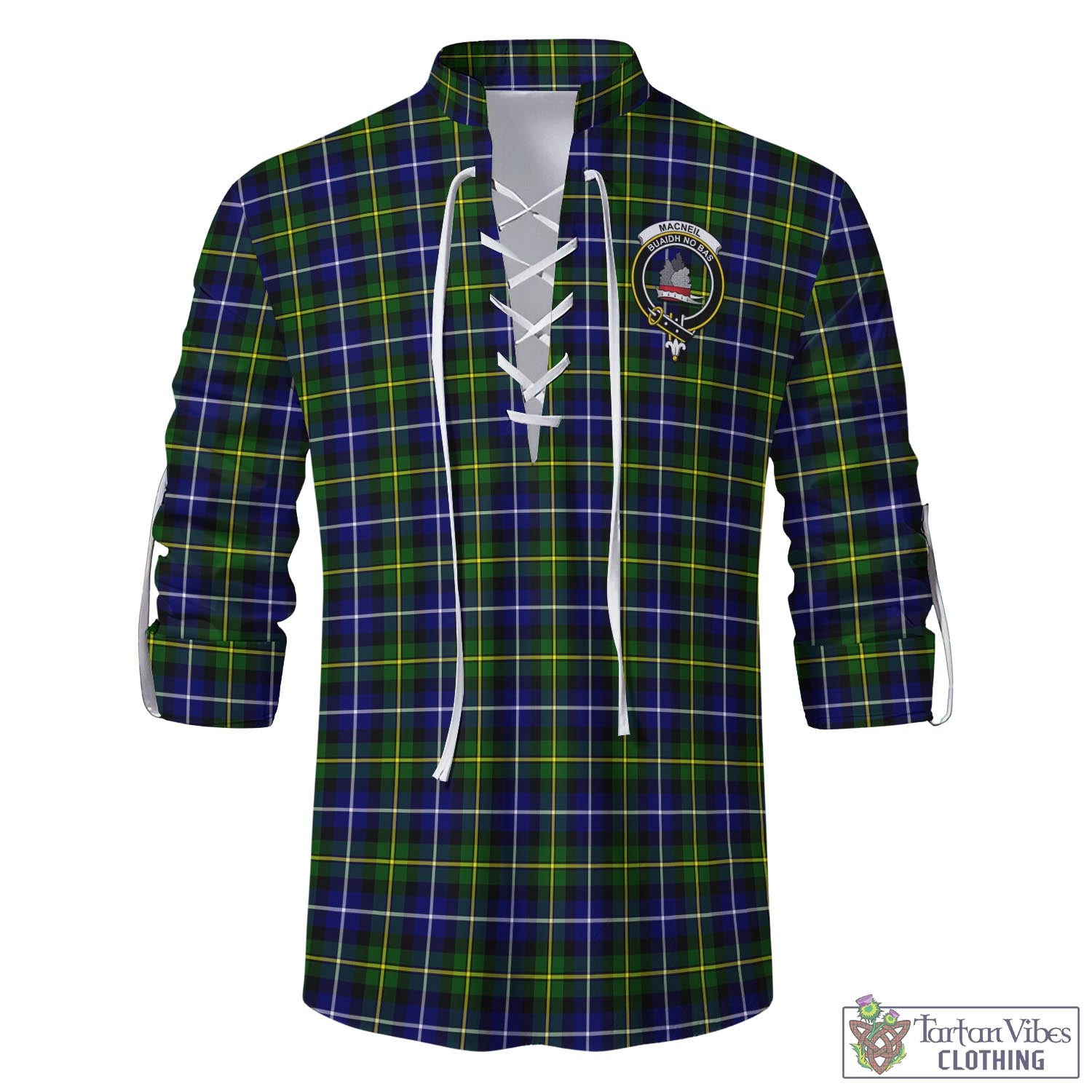 Tartan Vibes Clothing MacNeil of Barra Modern Tartan Men's Scottish Traditional Jacobite Ghillie Kilt Shirt with Family Crest