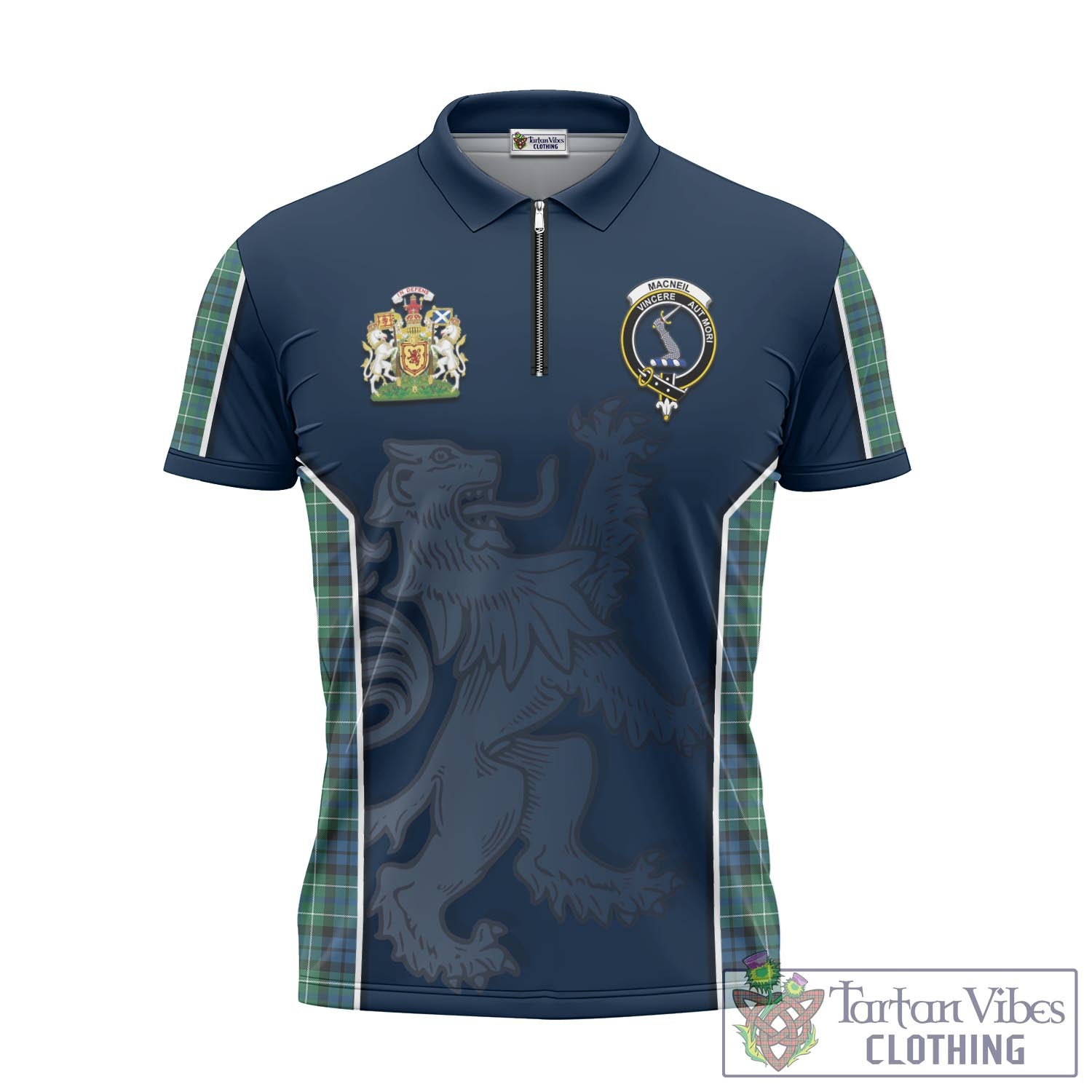 Tartan Vibes Clothing MacNeil of Colonsay Ancient Tartan Zipper Polo Shirt with Family Crest and Lion Rampant Vibes Sport Style