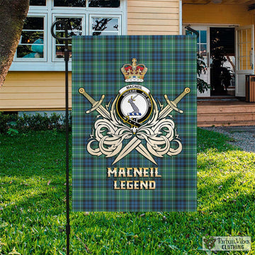 MacNeil of Colonsay Ancient Tartan Garden Flag with Clan Crest and the Golden Sword of Courageous Legacy