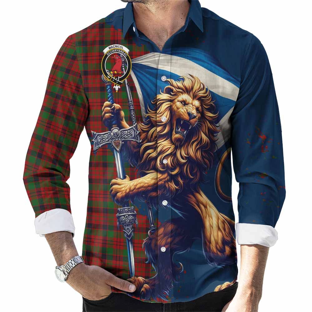 Tartan Vibes Clothing MacNicol (McNicol) Tartan Family Crest Long Sleeve Button Shirt with Scottish Majestic Lion
