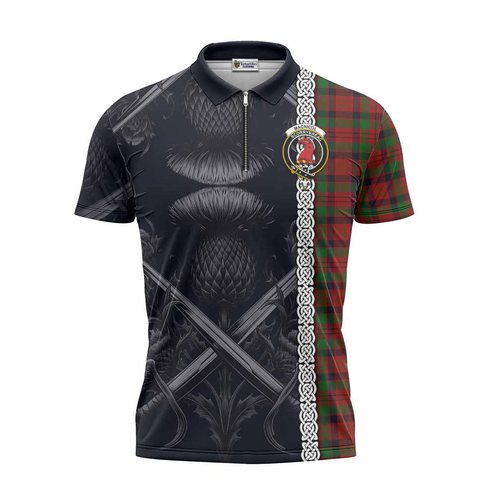 Tartan Vibes Clothing MacNicol (McNicol) Tartan Zipper Polo Shirt with Family Crest Cross Sword Thistle Celtic Vibes