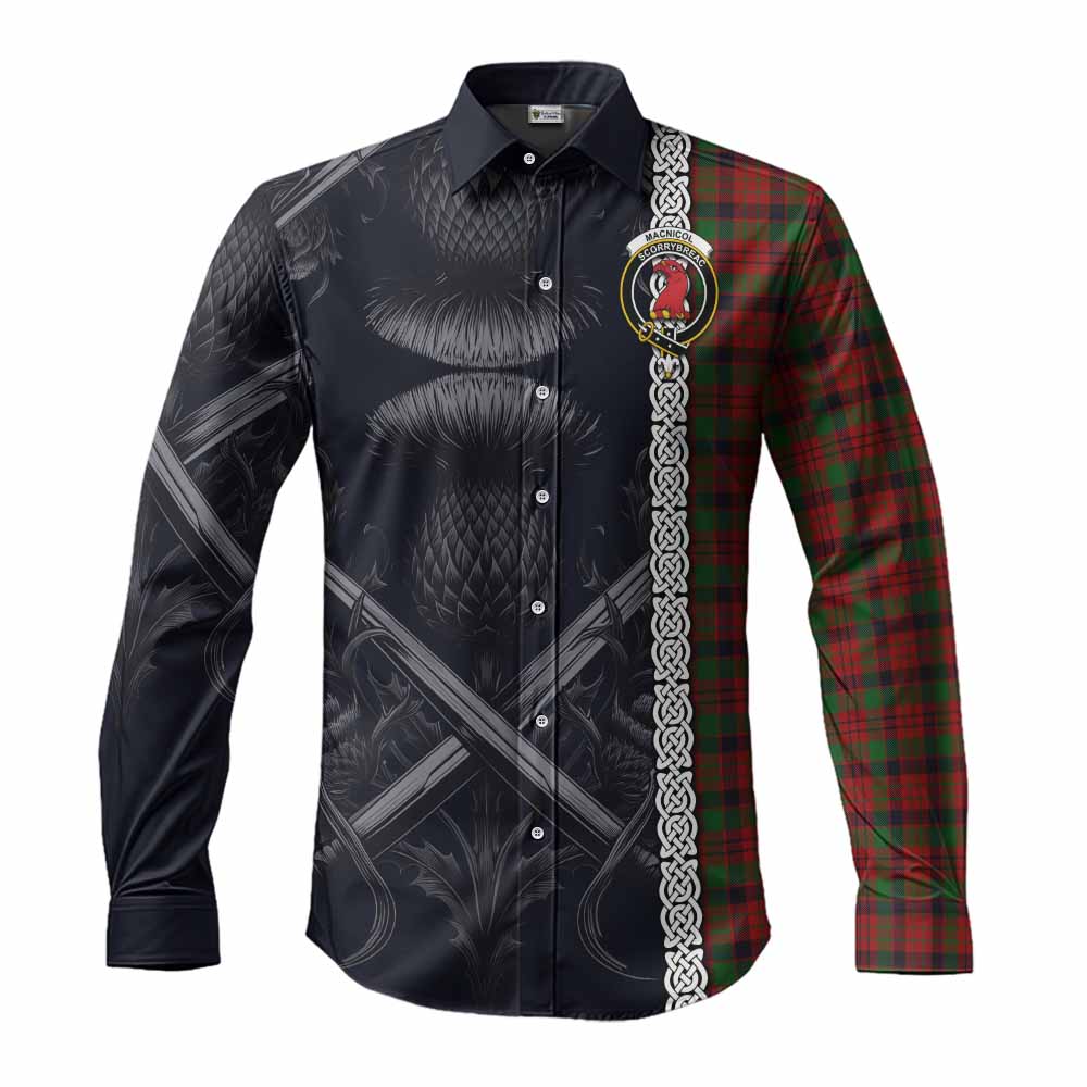 Tartan Vibes Clothing MacNicol (McNicol) Tartan Long Sleeve Button Shirt with Family Crest Cross Sword Thistle Celtic Vibes