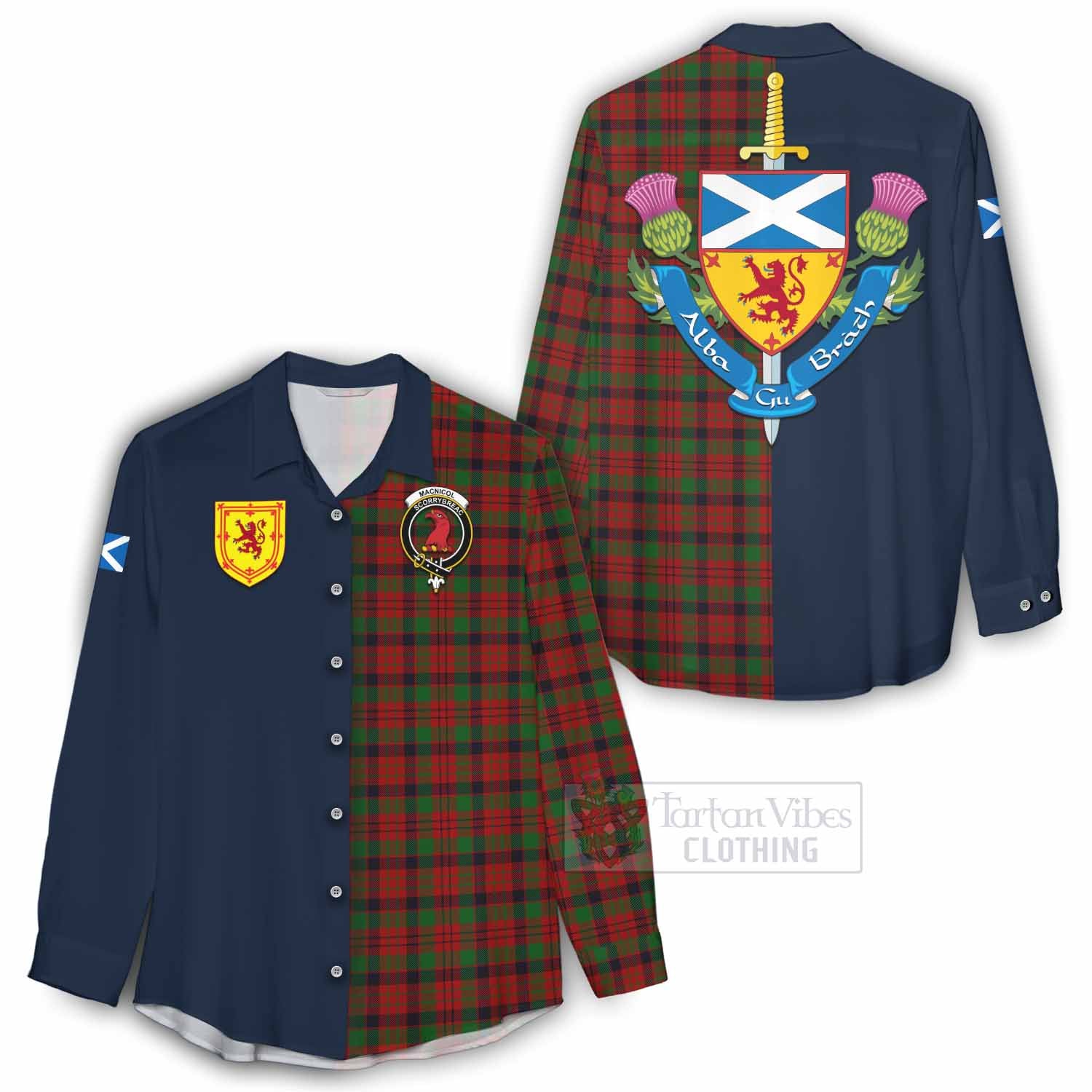 Tartan Vibes Clothing MacNicol (McNicol) Tartan Women's Casual Shirt Alba with Scottish Lion Royal Arm Half Style