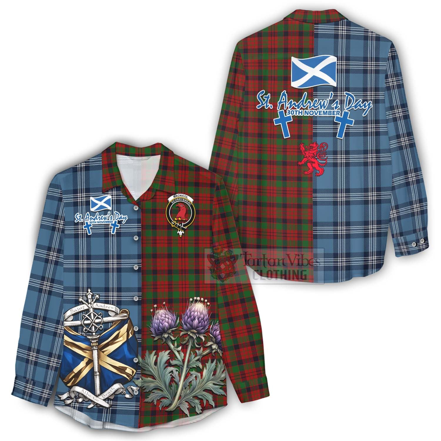 Tartan Vibes Clothing MacNicol (McNicol) Tartan Women's Casual Shirt Happy St. Andrew's Day Half Tartan Style