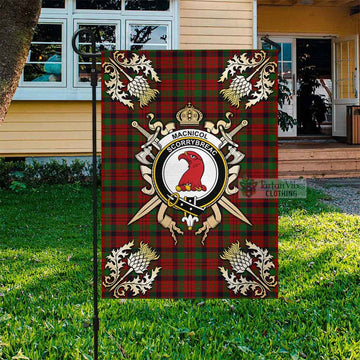 MacNicol (McNicol) Tartan Garden Flag with Family Crest and Golden Thistle Crossed Sword Design