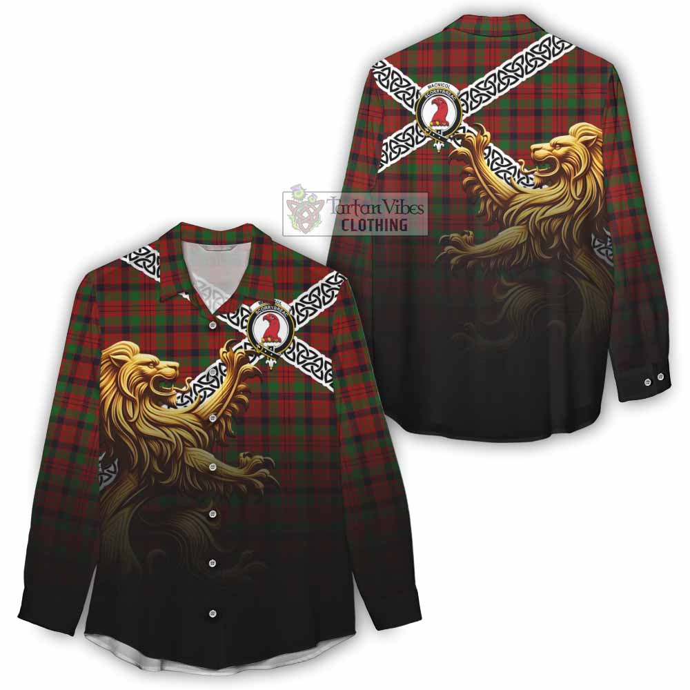 Tartan Vibes Clothing MacNicol (McNicol) Crest Tartan Women's Casual Shirt with Golden Lion Emblem Celtic Style