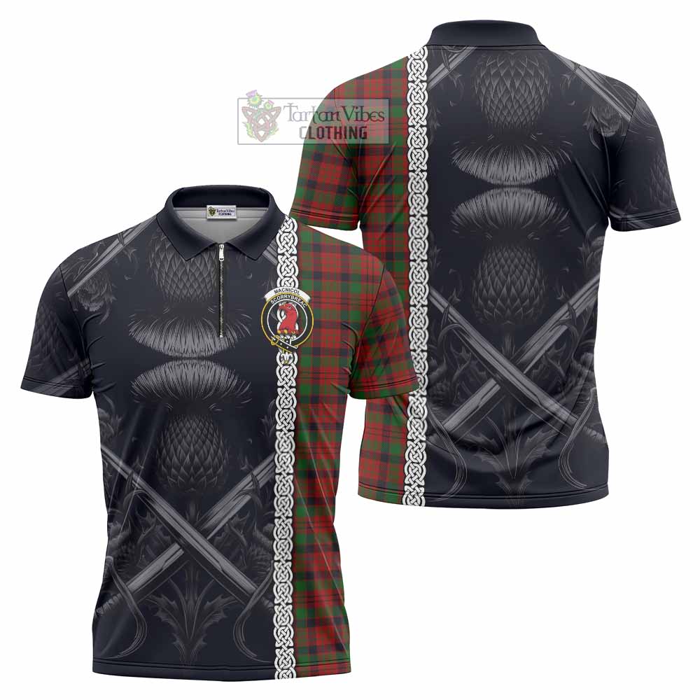 Tartan Vibes Clothing MacNicol (McNicol) Tartan Zipper Polo Shirt with Family Crest Cross Sword Thistle Celtic Vibes