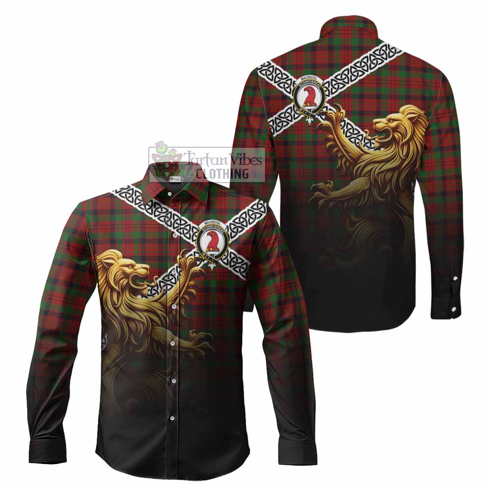 Tartan Vibes Clothing MacNicol (McNicol) Crest Tartan Long Sleeve Button Shirt with Golden Lion Emblem Celtic Style