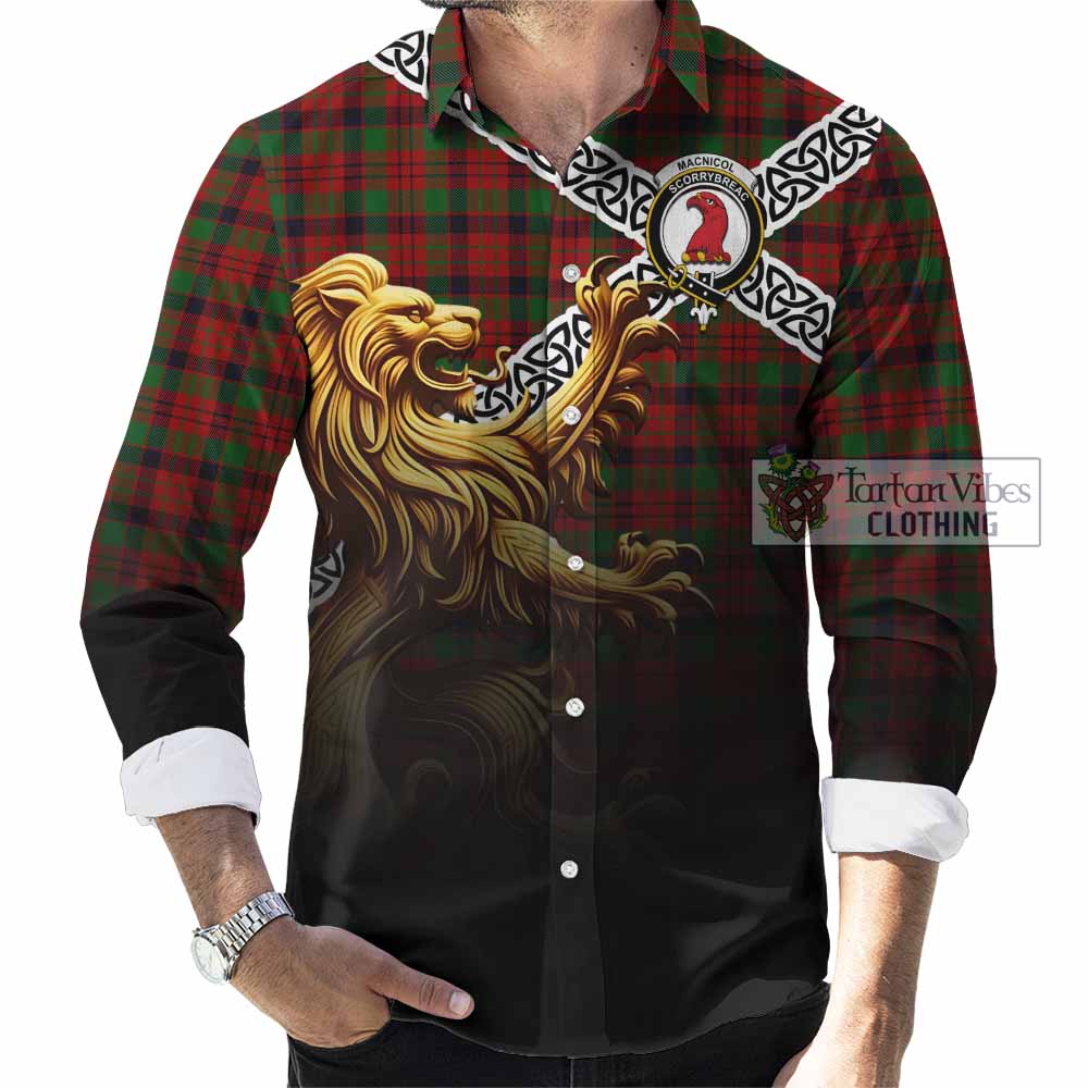 Tartan Vibes Clothing MacNicol (McNicol) Crest Tartan Long Sleeve Button Shirt with Golden Lion Emblem Celtic Style