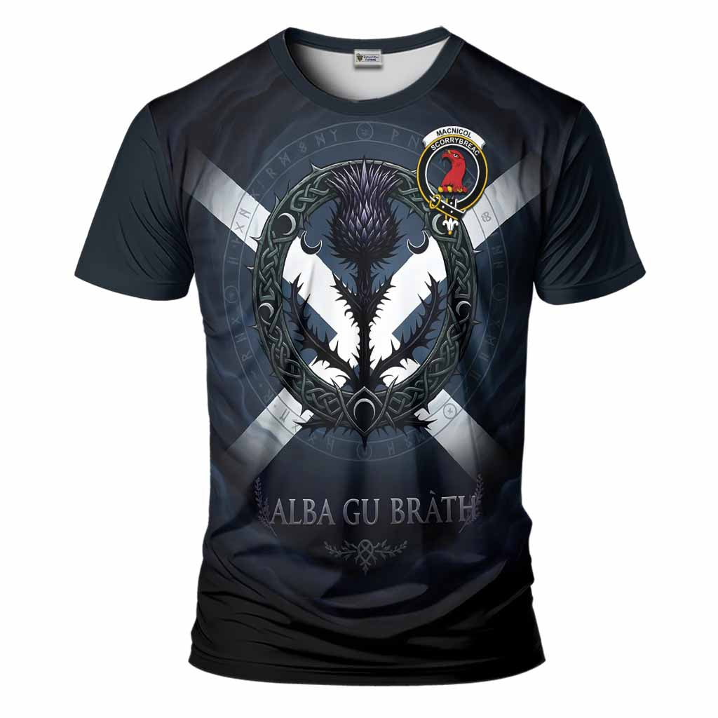 MacNicol (McNicol) Clan Crest T-Shirt with Celtic Knot Thistle and Saltire