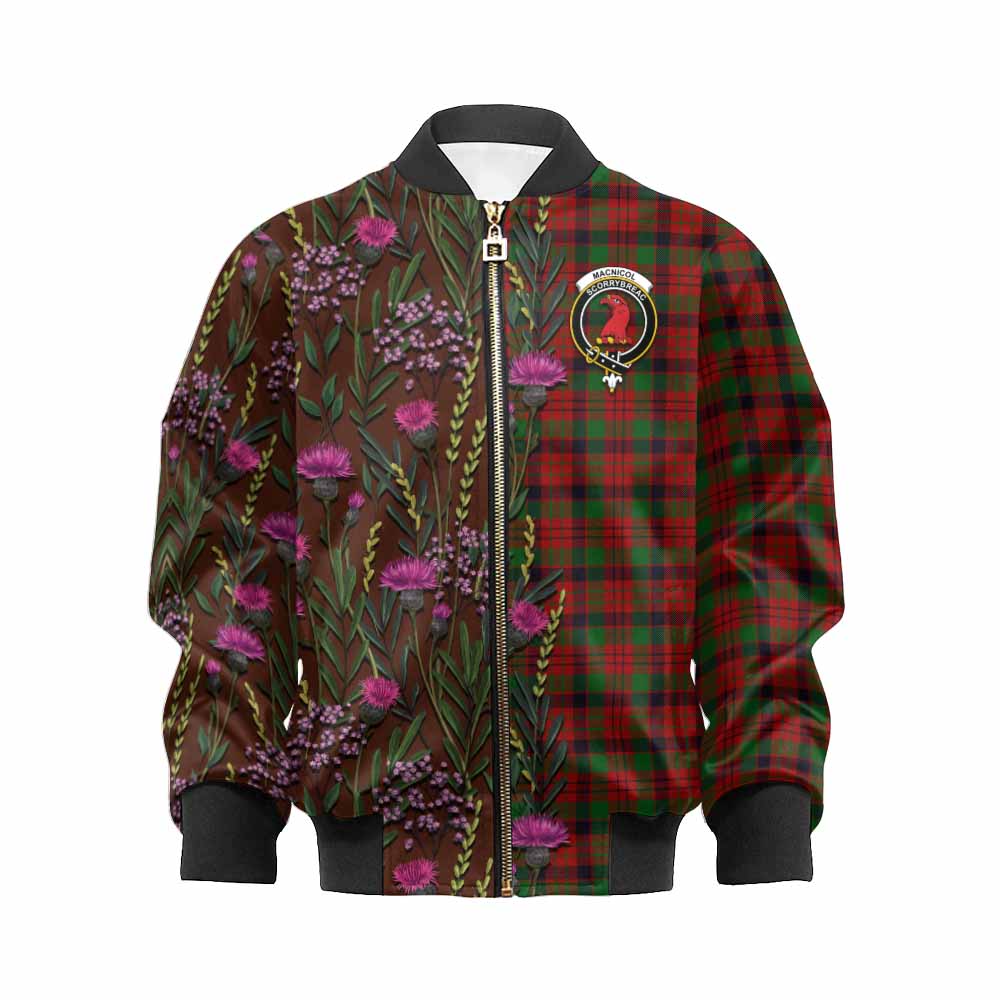 MacNicol (McNicol) Family Crest Tartan Kid Bomber Jacket Scottish Thistle Flower Pattern Half Style - Tartan Vibes Clothing