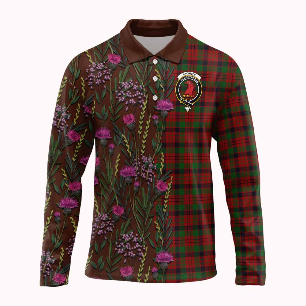 MacNicol (McNicol) Family Crest Tartan Long Sleeve Polo Shirt Scottish Thistle Flower Pattern Half Style - Tartan Vibes Clothing