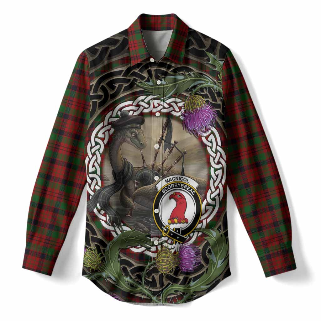 MacNicol (McNicol) Tartan Crest Bagpipe Nessie Women Casual Shirt Scottish Loch Ness Monster Celtic Thistle
