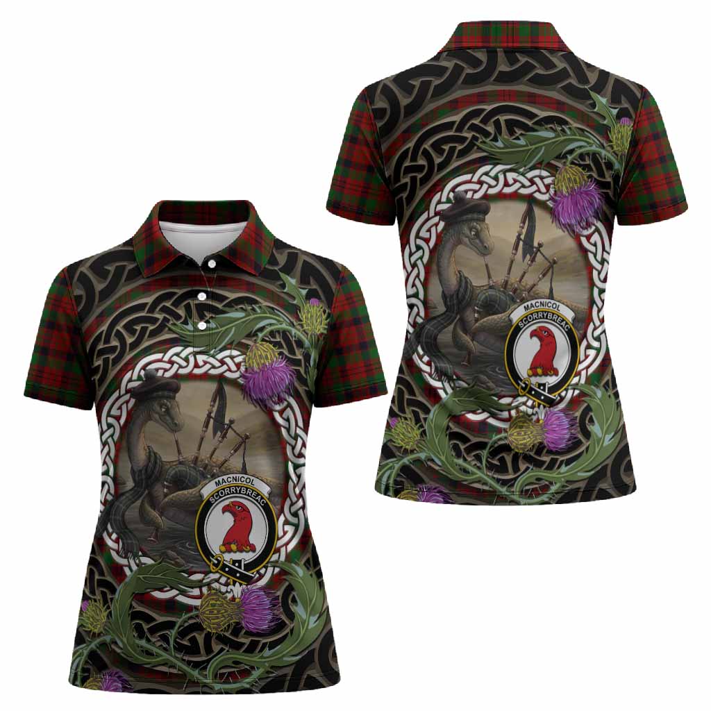 MacNicol (McNicol) Tartan Crest Bagpipe Nessie Women Polo Shirt Scottish Loch Ness Monster Celtic Thistle