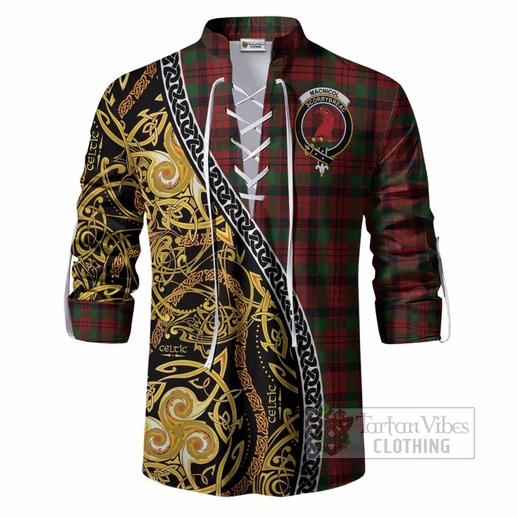 MacNicol (McNicol) Tartan Crest Ghillie Shirt Celtic Knot and Triple Trickle Spiral Symbols