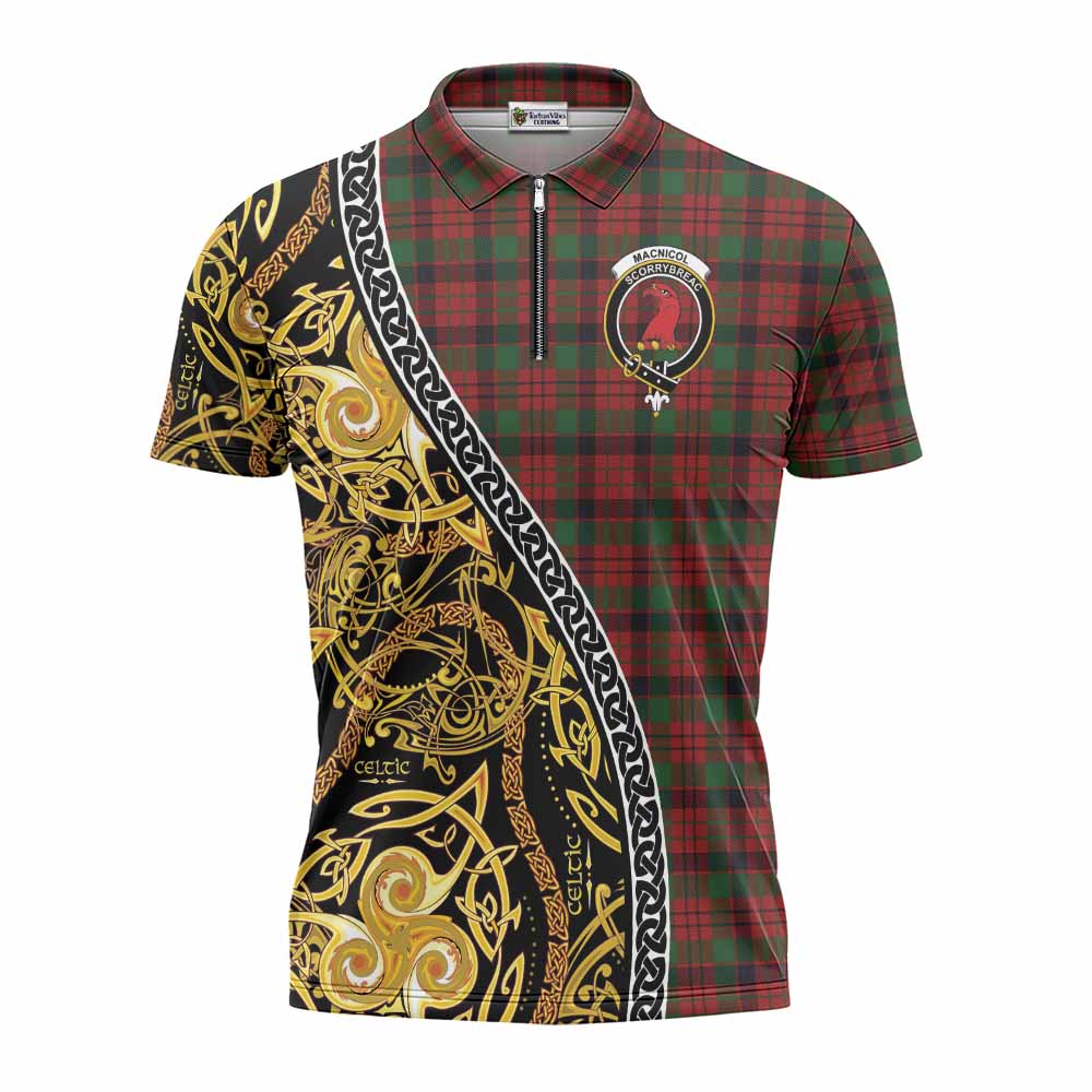 MacNicol (McNicol) Tartan Crest Zipper Polo Shirt Celtic Knot and Triple Trickle Spiral Symbols