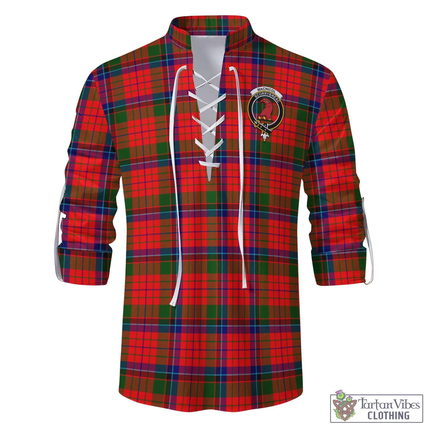 Tartan Vibes Clothing MacNicol of Scorrybreac Tartan Men's Scottish Traditional Jacobite Ghillie Kilt Shirt with Family Crest