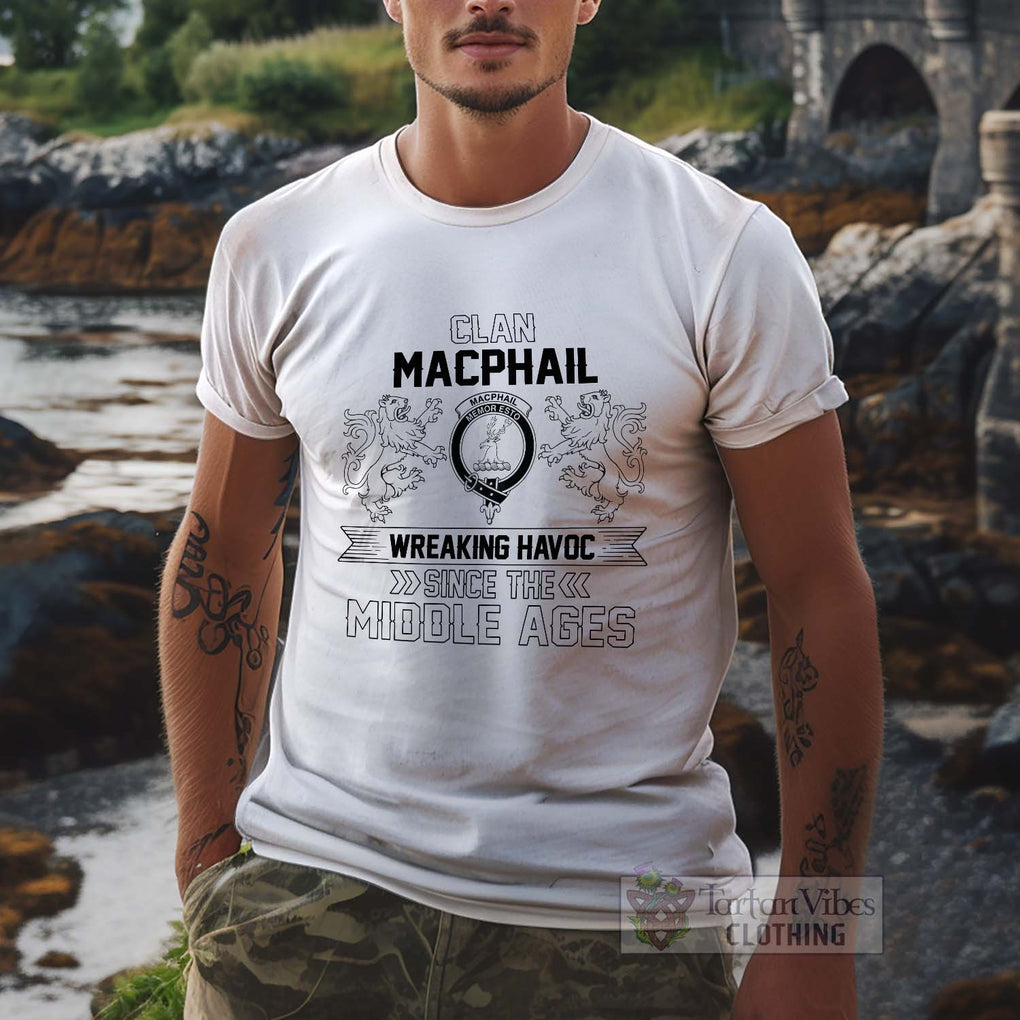 MacPhail (McPhail) Family Crest 2D Cotton Men's T-Shirt Wreaking Havoc Style White - 2D-tartanvibesclothing