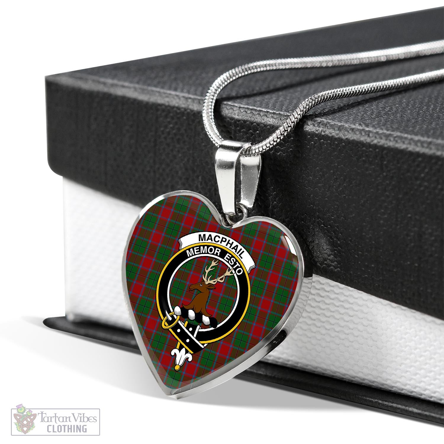 Tartan Vibes Clothing MacPhail Blue Bands Tartan Heart Necklace with Family Crest