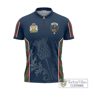 MacPhail Blue Bands Tartan Zipper Polo Shirt with Family Crest and Scottish Thistle Vibes Sport Style