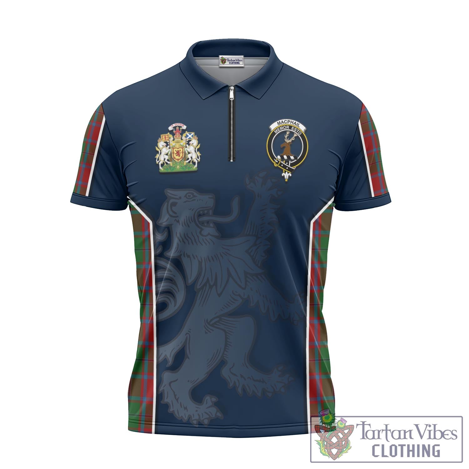 Tartan Vibes Clothing MacPhail Blue Bands Tartan Zipper Polo Shirt with Family Crest and Lion Rampant Vibes Sport Style