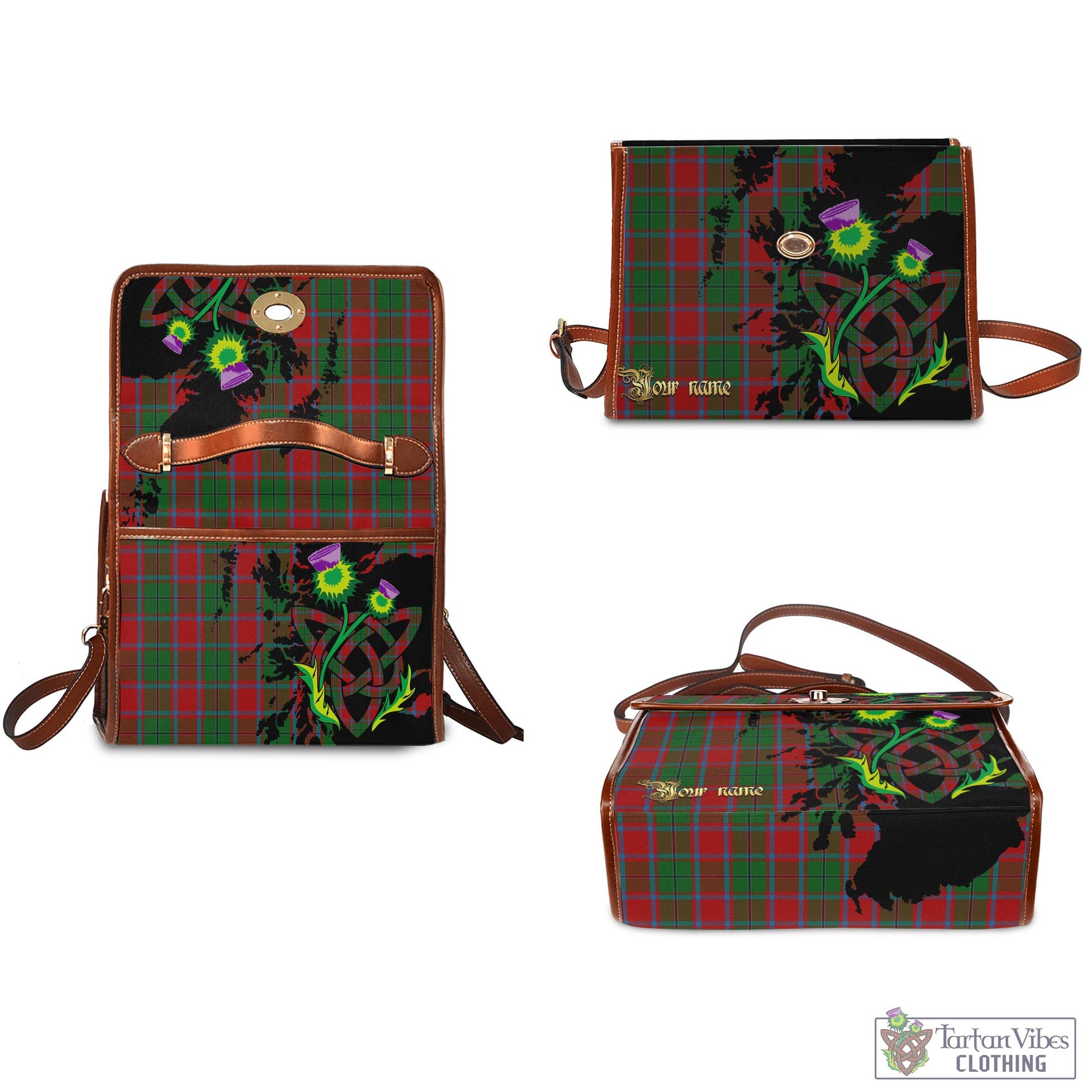 Tartan Vibes Clothing MacPhail Blue Bands Tartan Waterproof Canvas Bag with Scotland Map and Thistle Celtic Accents