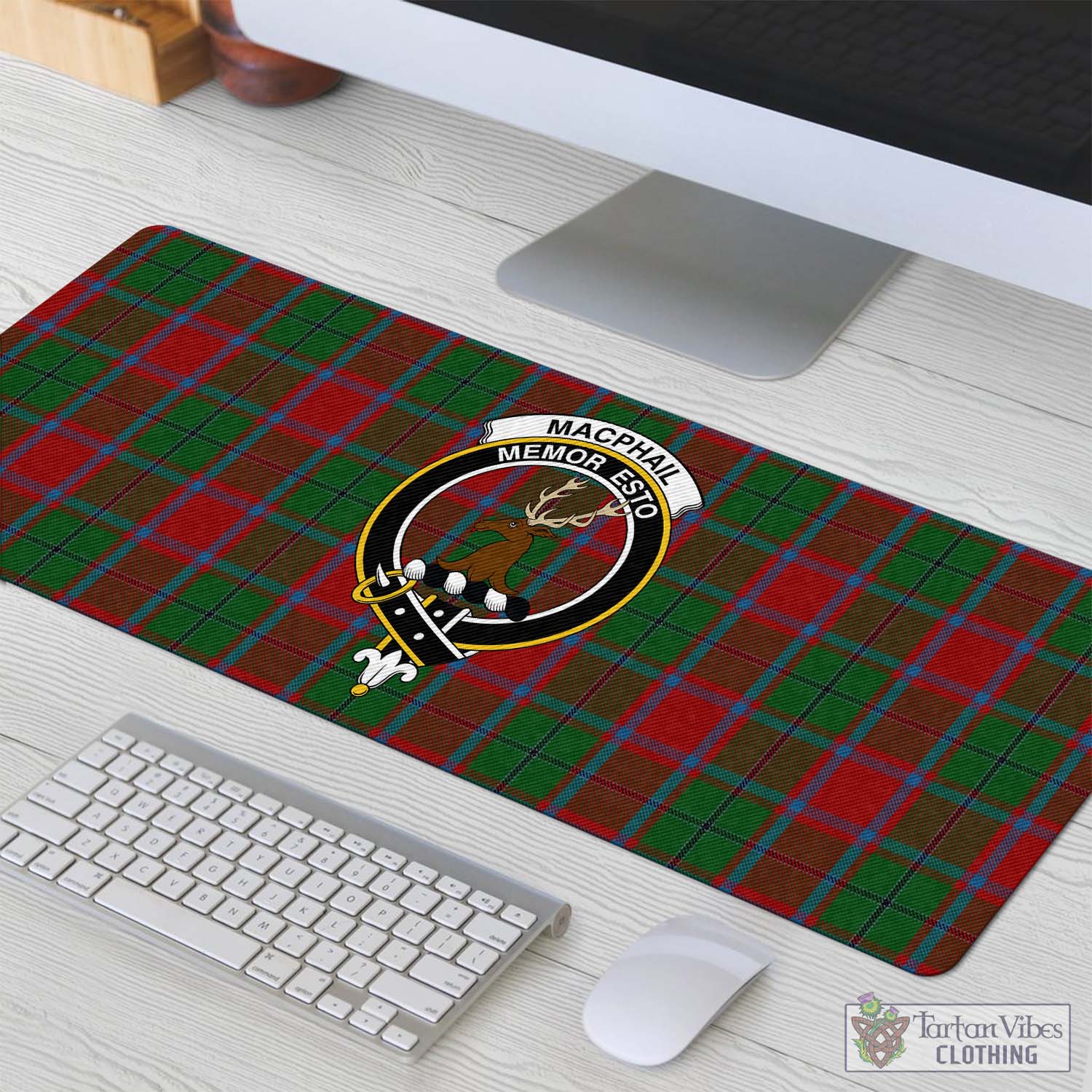 Tartan Vibes Clothing MacPhail Blue Bands Tartan Mouse Pad with Family Crest