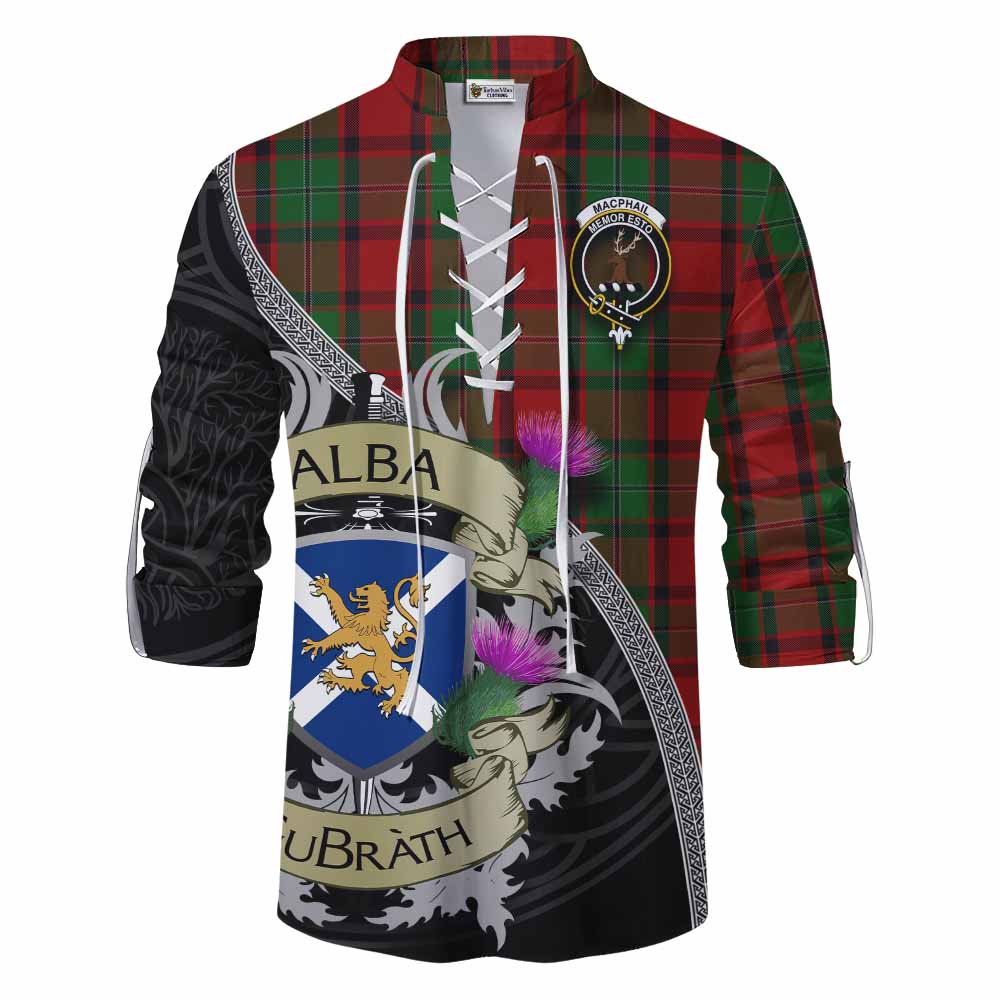 Tartan Vibes Clothing MacPhail (McPhail) Tartan Family Crest Ghillie Kilt Shirt Lion Rampant Royal Thistle Shield Celtic Inspired