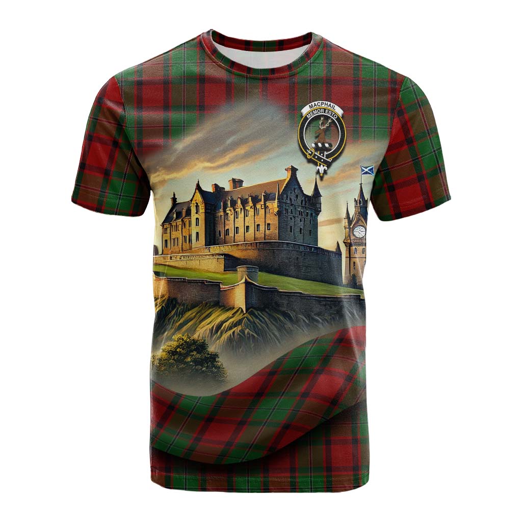 Tartan Vibes Clothing MacPhail (McPhail) Tartan Family Crest Cotton T-shirt with Scottish Ancient Castle Style
