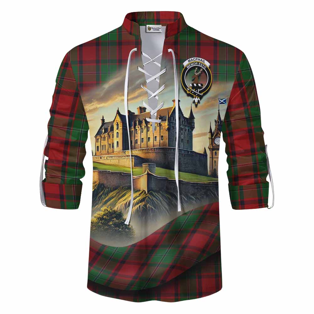 Tartan Vibes Clothing MacPhail (McPhail) Tartan Family Crest Ghillie Kilt Shirt with Scottish Ancient Castle Style