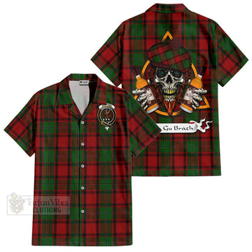 Tartan Vibes Clothing MacPhail (McPhail) Tartan Short Sleeve Button Shirt with Family Crest and Bearded Skull Holding Bottles of Whiskey