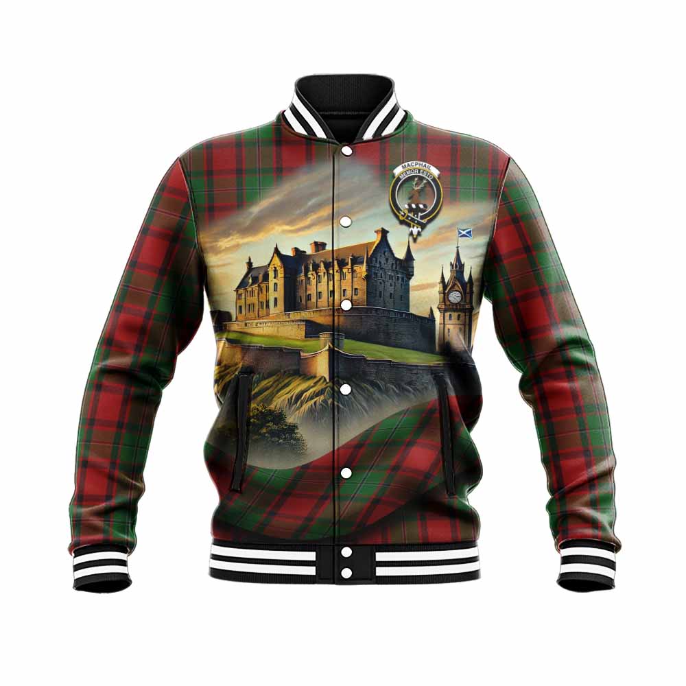 Tartan Vibes Clothing MacPhail (McPhail) Tartan Family Crest Baseball Jacket with Scottish Ancient Castle Style