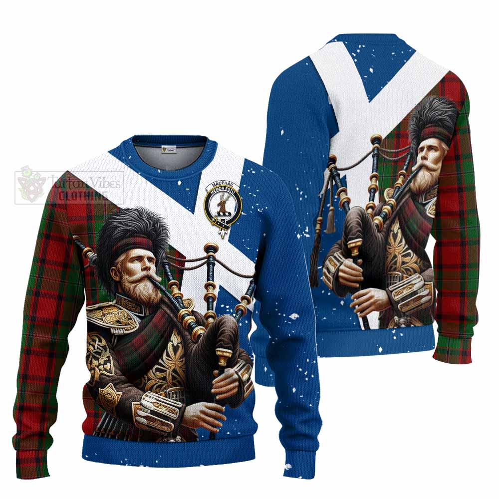 Tartan Vibes Clothing MacPhail (McPhail) Tartan Knitted Sweater with Family Crest Scottish Bagpiper Vibes