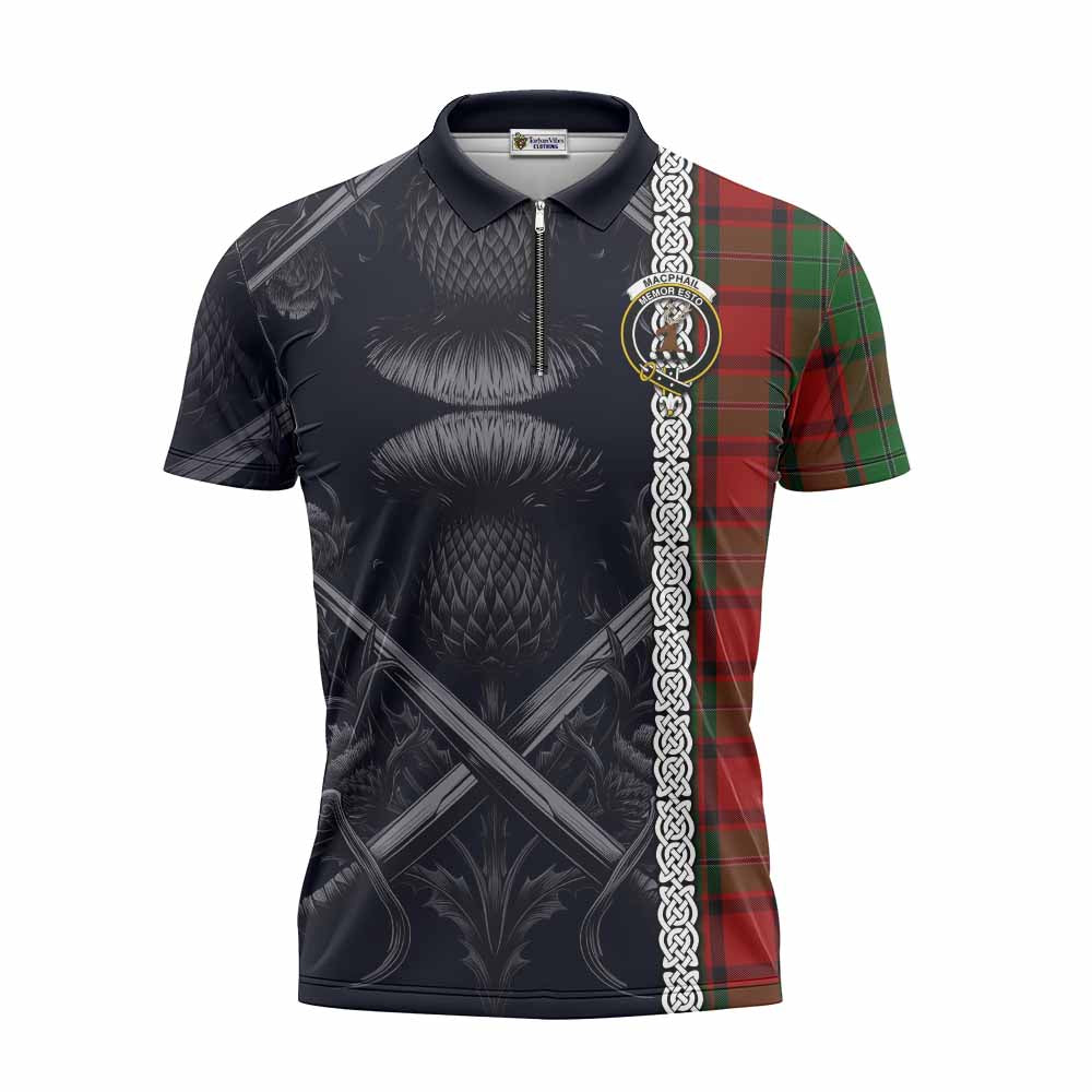 Tartan Vibes Clothing MacPhail (McPhail) Tartan Zipper Polo Shirt with Family Crest Cross Sword Thistle Celtic Vibes