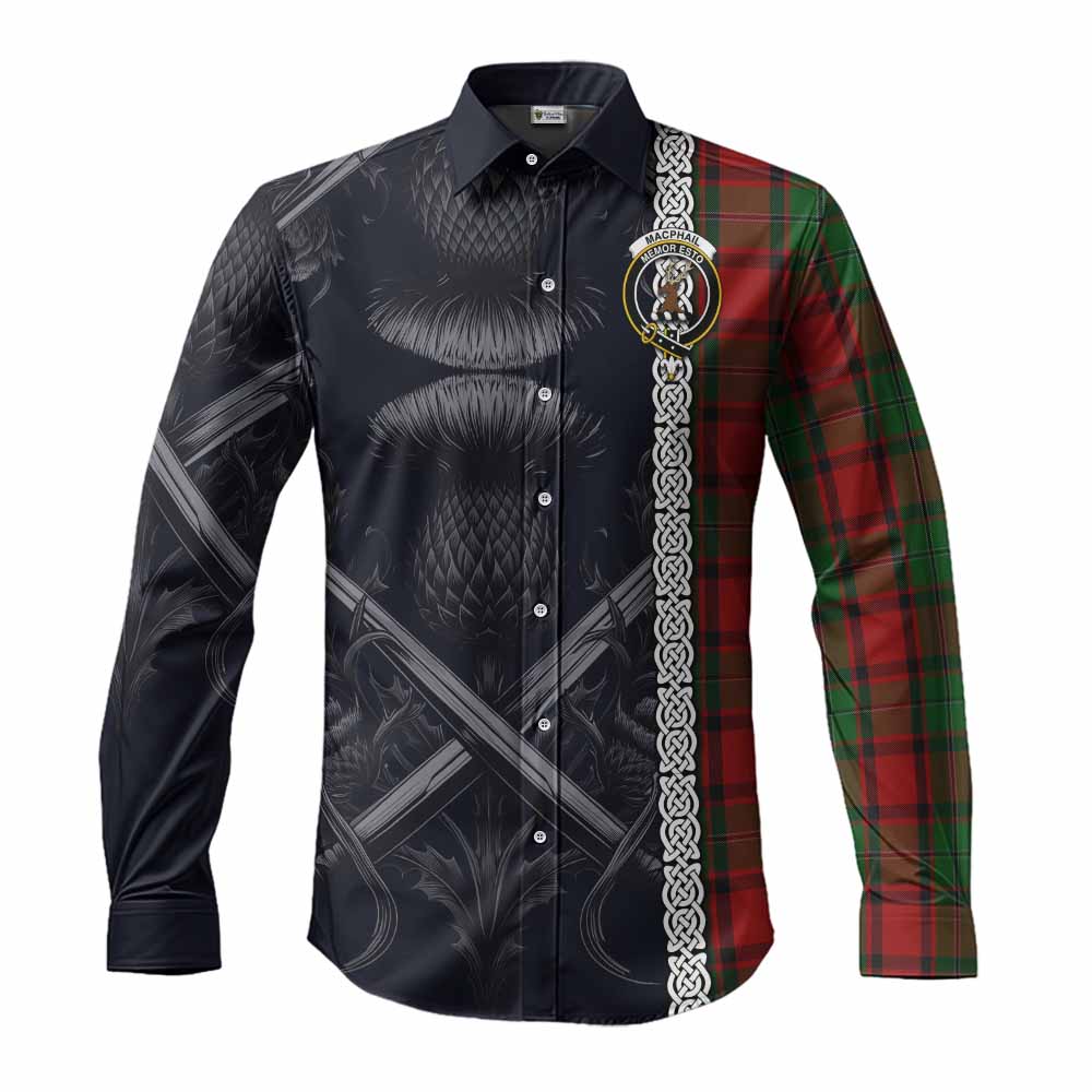 Tartan Vibes Clothing MacPhail (McPhail) Tartan Long Sleeve Button Shirt with Family Crest Cross Sword Thistle Celtic Vibes