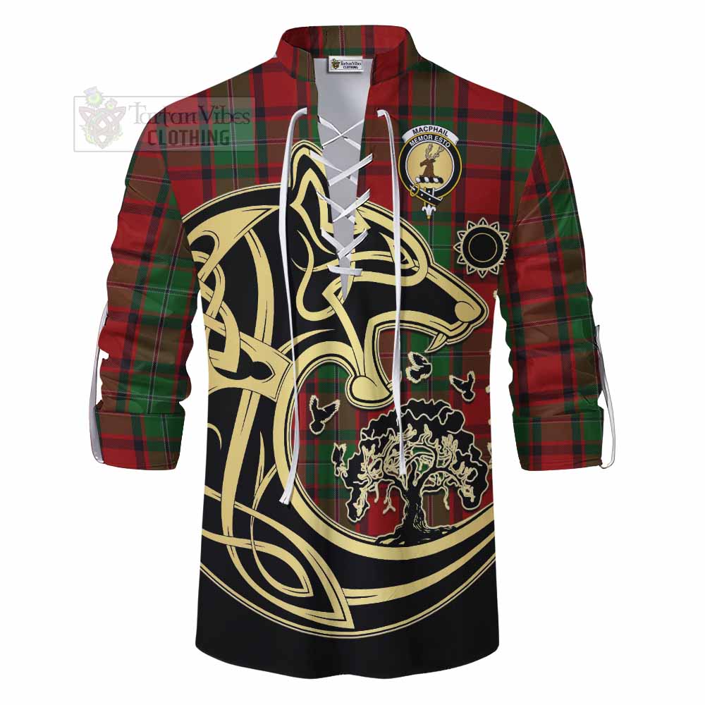 Tartan Vibes Clothing MacPhail (McPhail) Tartan Ghillie Kilt Shirt with Family Crest Celtic Wolf Style