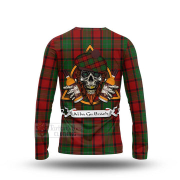 Tartan Vibes Clothing MacPhail (McPhail) Tartan Long Sleeve T-Shirt with Family Crest and Bearded Skull Holding Bottles of Whiskey
