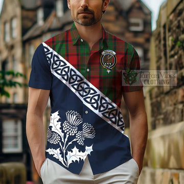 Tartan Vibes Clothing MacPhail (McPhail) Tartan Short Sleeve Button Shirt Featuring Thistle and Scotland Map