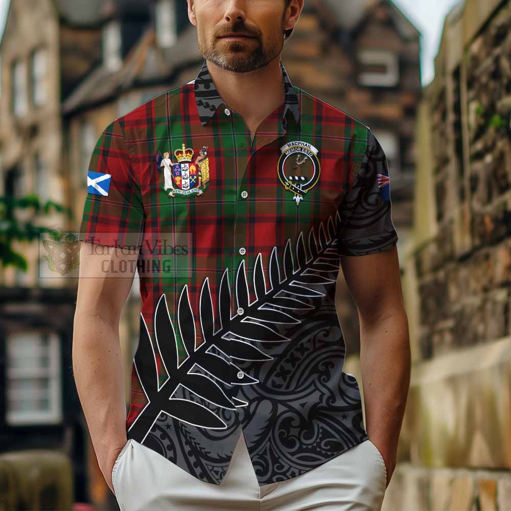 Tartan Vibes Clothing MacPhail (McPhail) Crest Tartan Short Sleeve Button Shirt with New Zealand Silver Fern Half Style