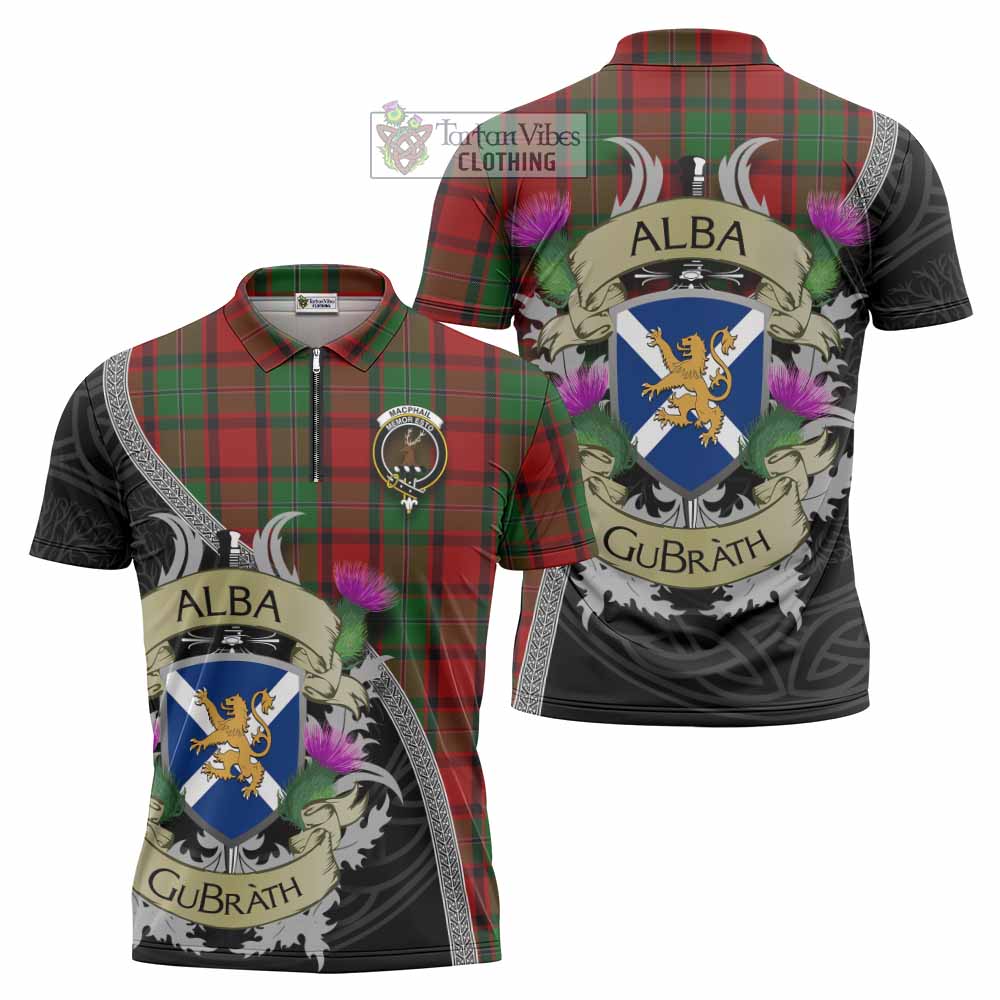 Tartan Vibes Clothing MacPhail (McPhail) Tartan Family Crest Zipper Polo Shirt Lion Rampant Royal Thistle Shield Celtic Inspired