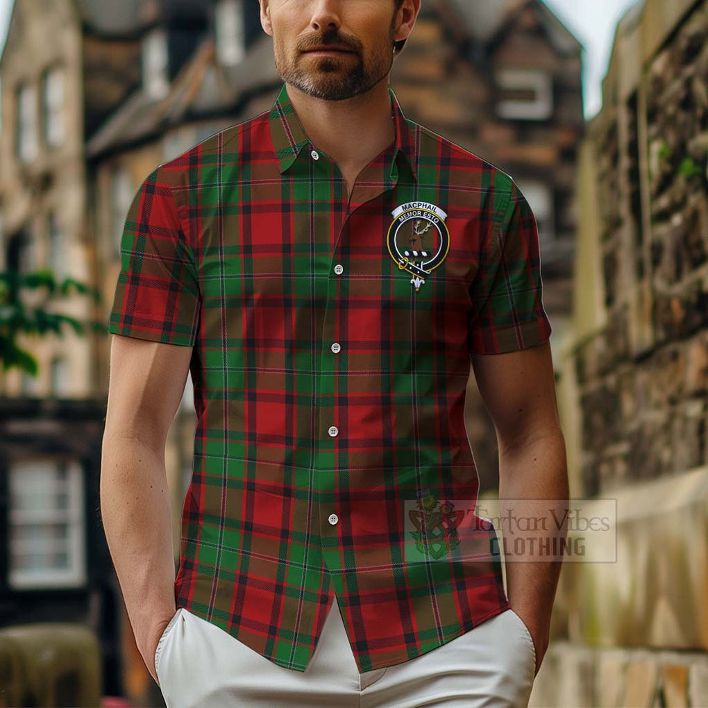 Tartan Vibes Clothing MacPhail (McPhail) Tartan Short Sleeve Button Shirt with Family Crest Celtic Skull Style