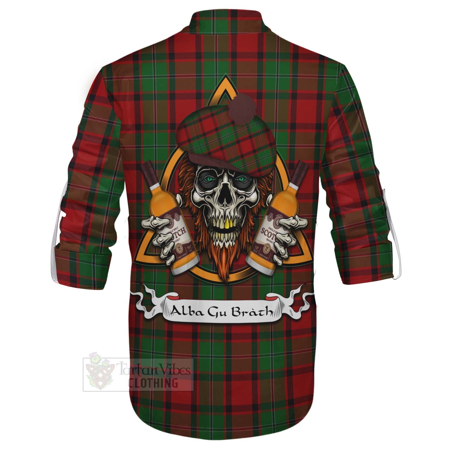 Tartan Vibes Clothing MacPhail (McPhail) Tartan Ghillie Kilt Shirt with Family Crest and Bearded Skull Holding Bottles of Whiskey