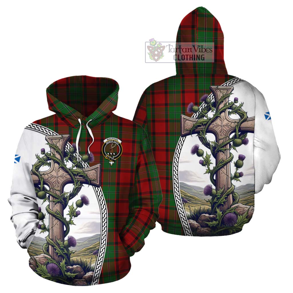 Tartan Vibes Clothing MacPhail (McPhail) Tartan Cotton Hoodie with Family Crest and St. Andrew's Cross Accented by Thistle Vines