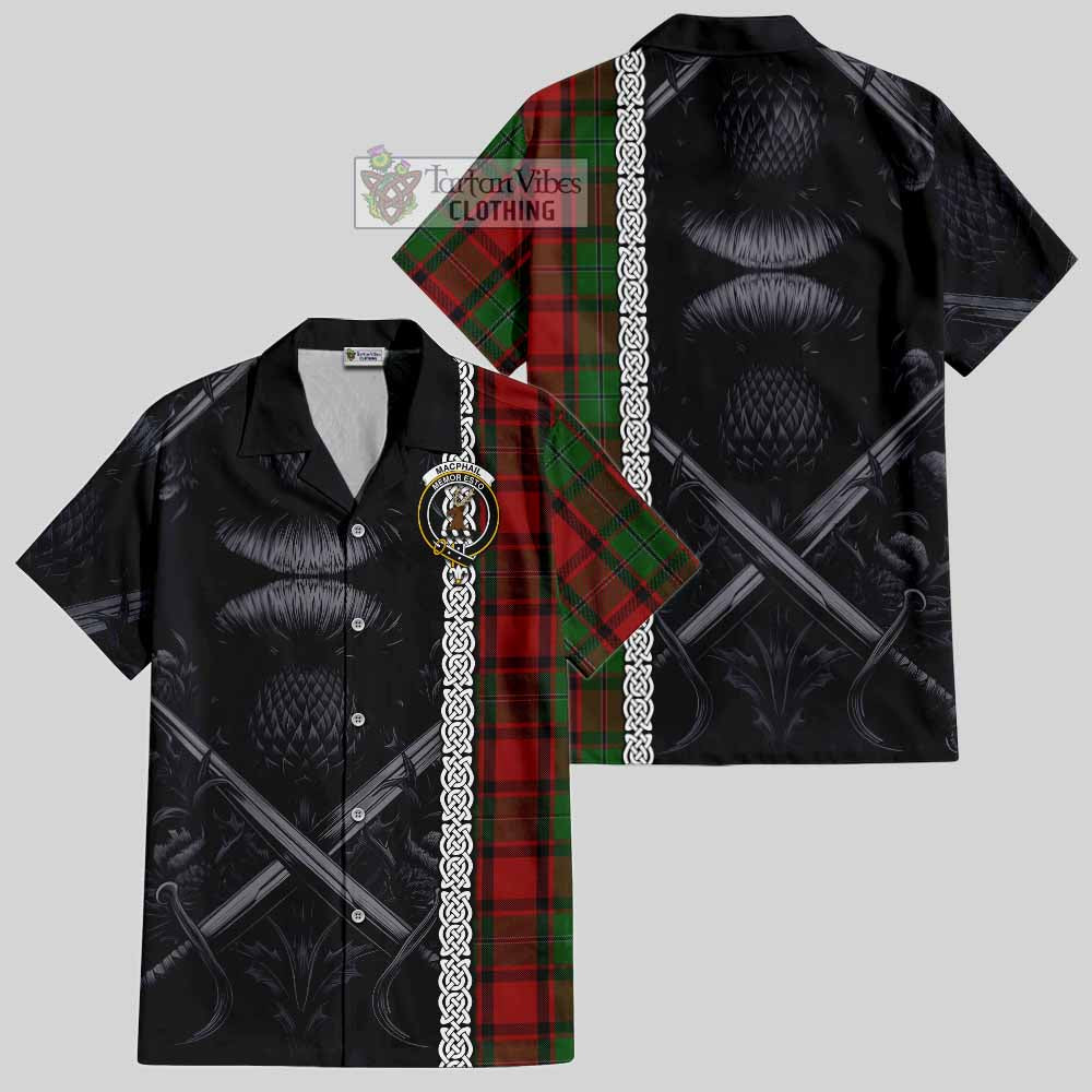 Tartan Vibes Clothing MacPhail (McPhail) Tartan Short Sleeve Button Shirt with Family Crest Cross Sword Thistle Celtic Vibes