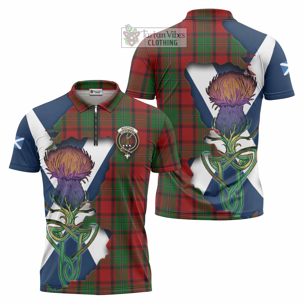 Tartan Vibes Clothing MacPhail (McPhail) Tartan Family Crest Zipper Polo Shirt Scottish Thistle Celtic Inspired