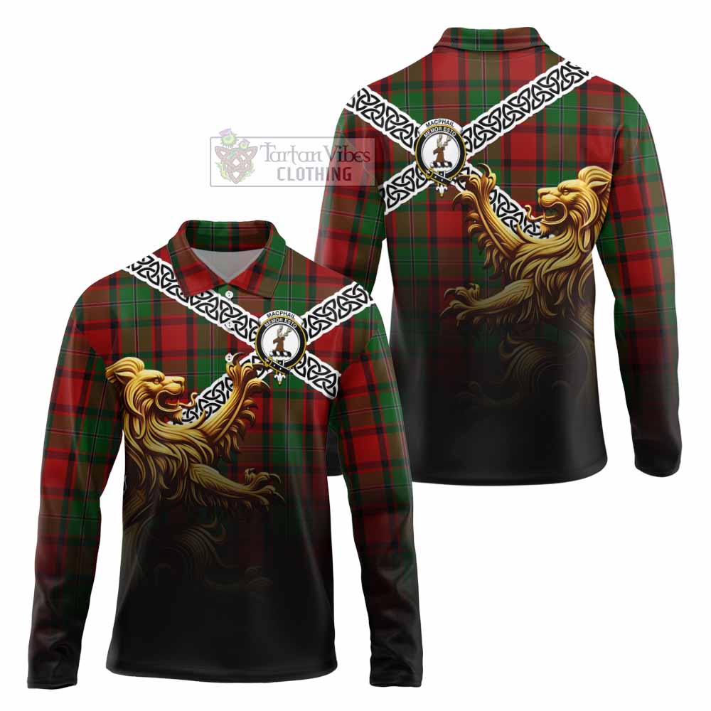 Tartan Vibes Clothing MacPhail (McPhail) Crest Tartan Long Sleeve Polo Shirt with Golden Lion Emblem Celtic Style