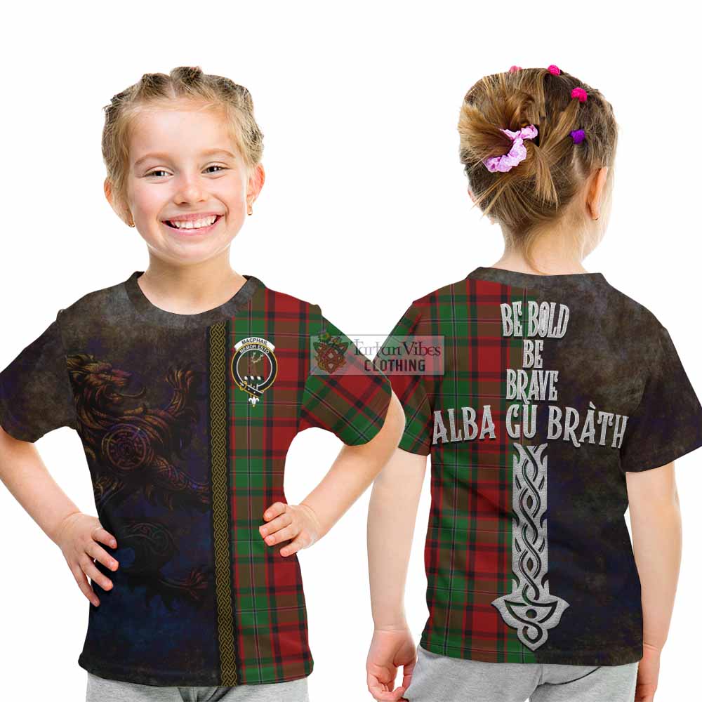 Tartan Vibes Clothing MacPhail (McPhail) Tartan Family Crest Kid T-Shirt Alba Gu Brath Be Brave Lion Ancient Style
