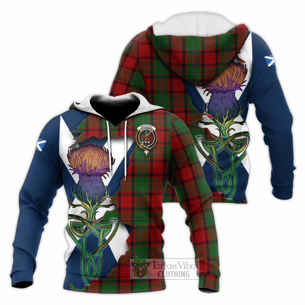 Tartan Vibes Clothing MacPhail (McPhail) Tartan Family Crest Knitted Hoodie Scottish Thistle Celtic Inspired