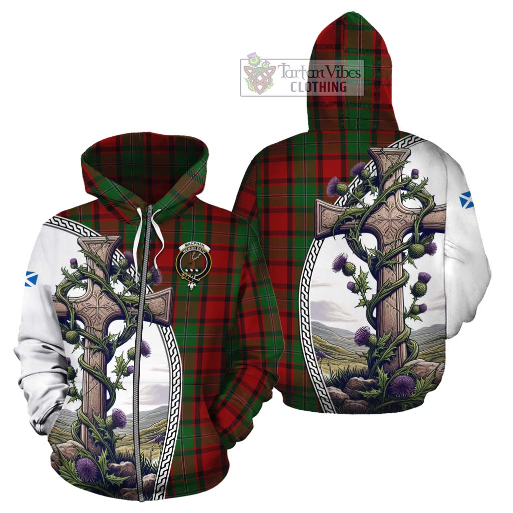Tartan Vibes Clothing MacPhail (McPhail) Tartan Cotton Hoodie with Family Crest and St. Andrew's Cross Accented by Thistle Vines
